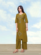 Monjolika Fashion Olive Green Cotton Flex Casual Regular Fit Kurti With Pant | Grocsy