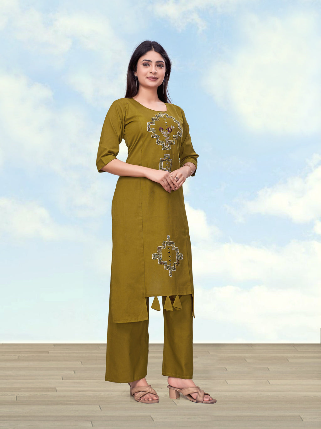 Monjolika Fashion Olive Green Cotton Flex Casual Regular Fit Kurti With Pant | Grocsy