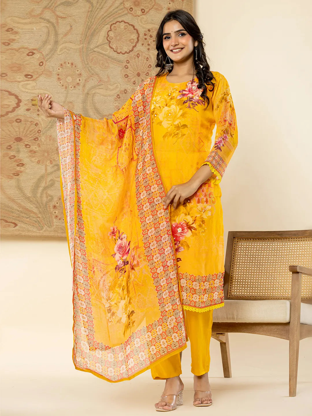 Yufta Pure Oragnza Kurta Set With Pant And Dupatta Comes With Cotton Lining And Intricate Handwork | Grocsy