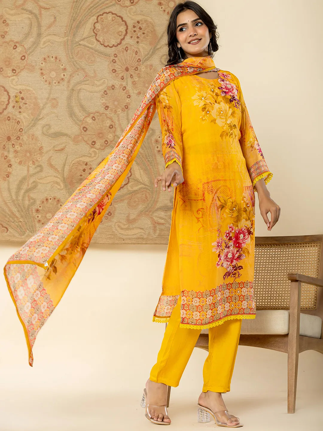 Yufta Pure Oragnza Kurta Set With Pant And Dupatta Comes With Cotton Lining And Intricate Handwork | Grocsy