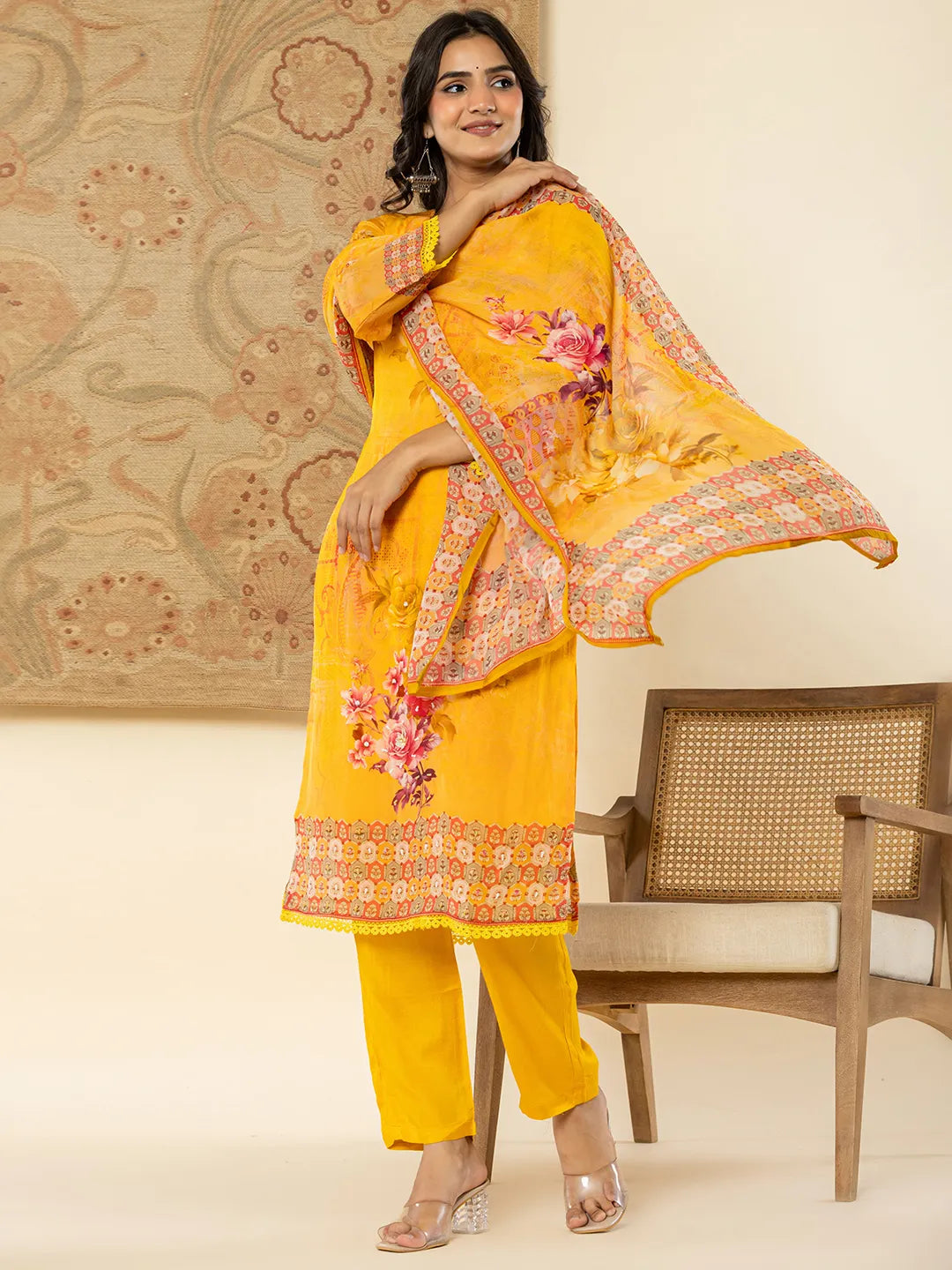 Yufta Pure Oragnza Kurta Set With Pant And Dupatta Comes With Cotton Lining And Intricate Handwork | Grocsy