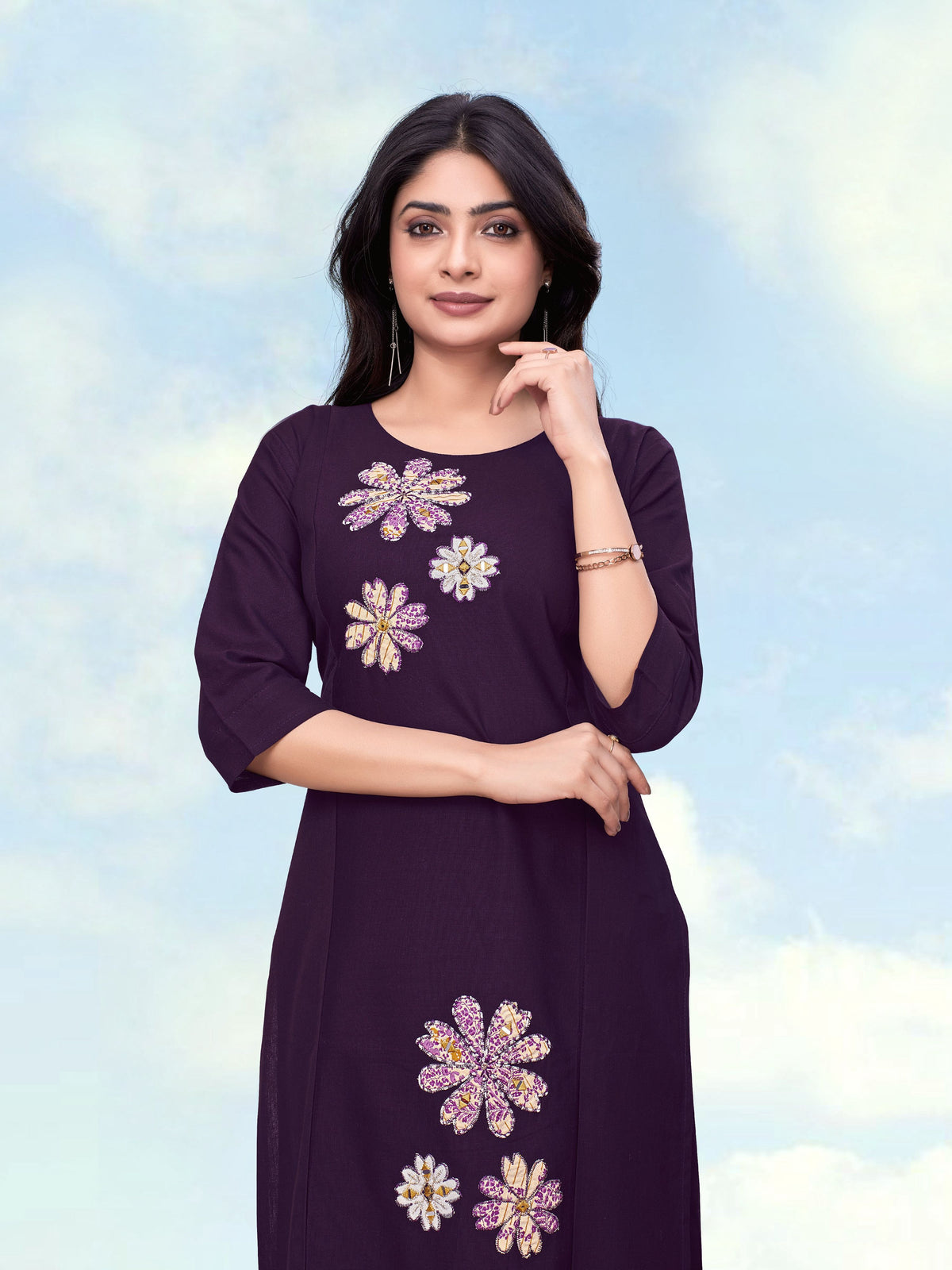 Monjolika Fashion Dark Purple Cotton Flex Embroidered Work Kurta Pant | Grocsy
