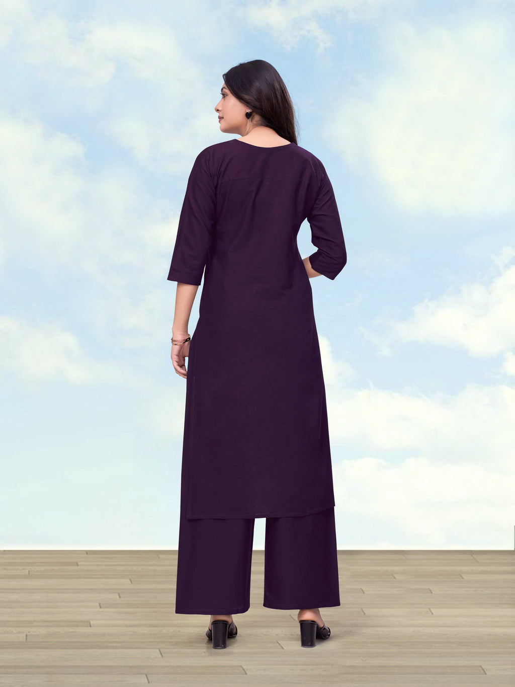 Monjolika Fashion Dark Purple Cotton Flex Embroidered Work Kurta Pant | Grocsy