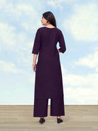 Monjolika Fashion Dark Purple Cotton Flex Embroidered Work Kurta Pant | Grocsy
