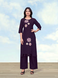 Monjolika Fashion Dark Purple Cotton Flex Embroidered Work Kurta Pant | Grocsy