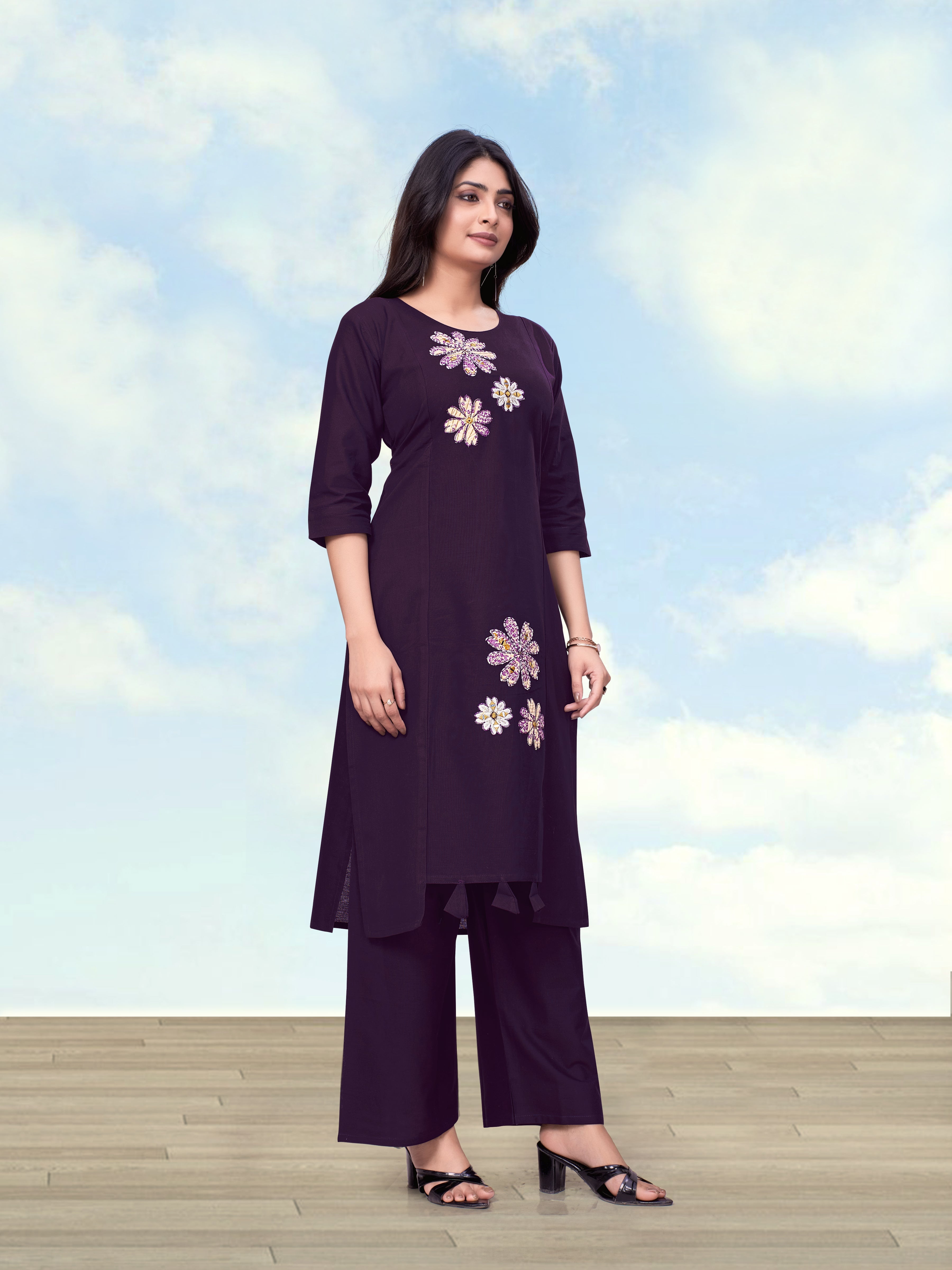 Monjolika Fashion Dark Purple Cotton Flex Embroidered Work Kurta Pant | Grocsy