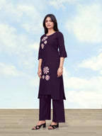Monjolika Fashion Dark Purple Cotton Flex Embroidered Work Kurta Pant | Grocsy