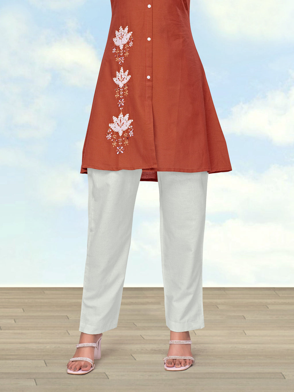 Monjolika Fashion Rust Color Cotton Flex Embroidered Work Kurta Set | Grocsy