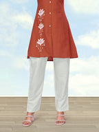 Monjolika Fashion Rust Color Cotton Flex Embroidered Work Kurta Set | Grocsy