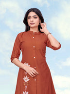 Monjolika Fashion Rust Color Cotton Flex Embroidered Work Kurta Set | Grocsy