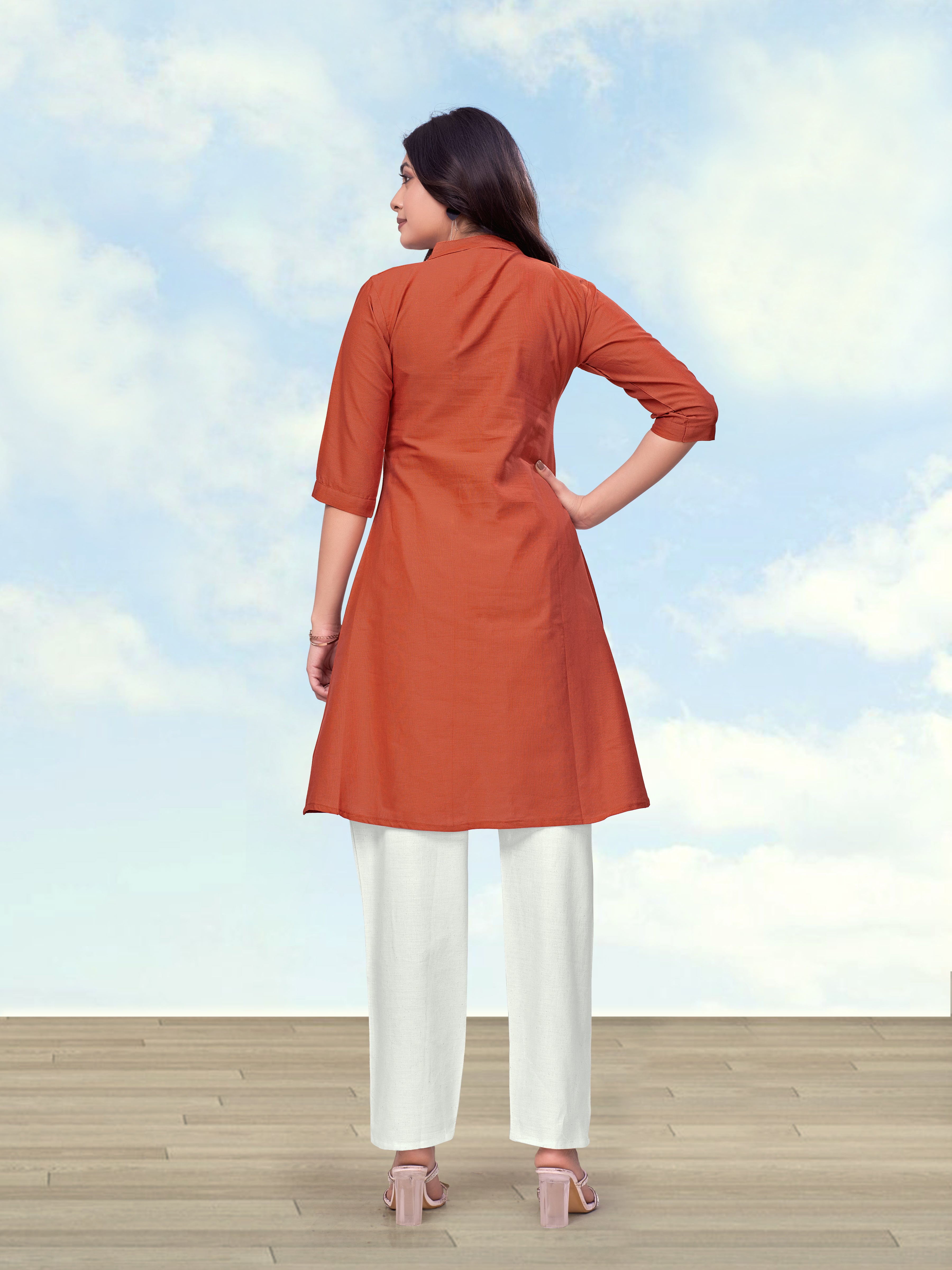 Monjolika Fashion Rust Color Cotton Flex Embroidered Work Kurta Set | Grocsy