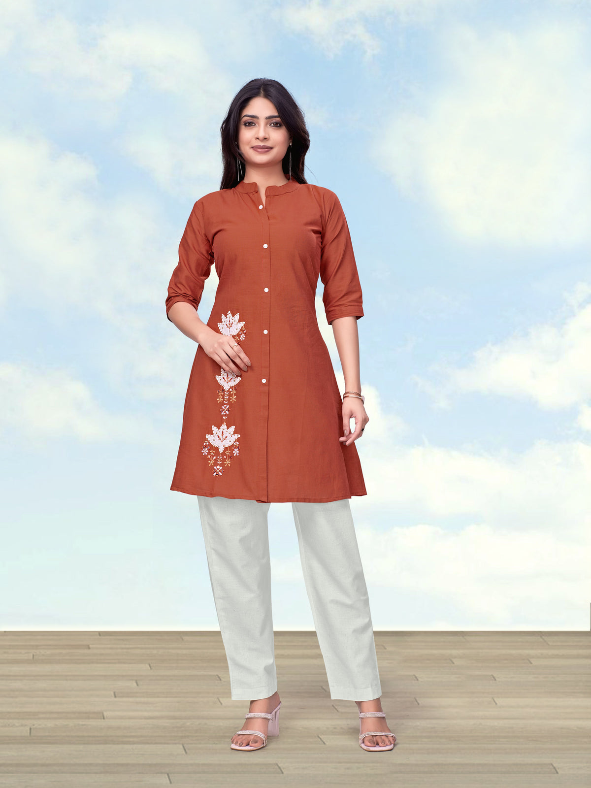 Monjolika Fashion Rust Color Cotton Flex Embroidered Work Kurta Set | Grocsy