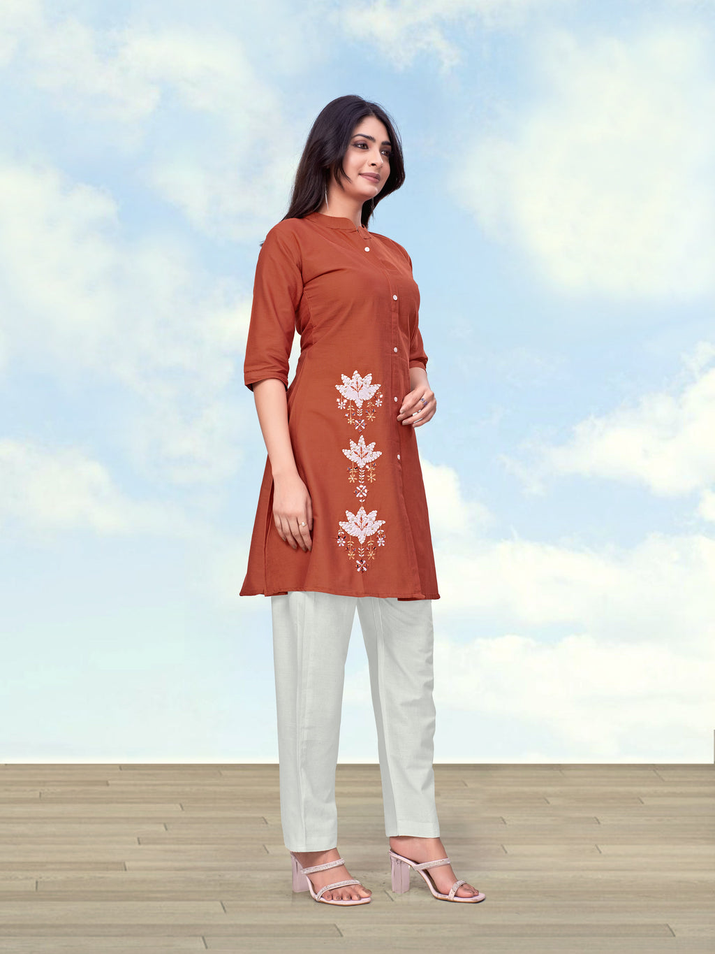 Monjolika Fashion Rust Color Cotton Flex Embroidered Work Kurta Set | Grocsy