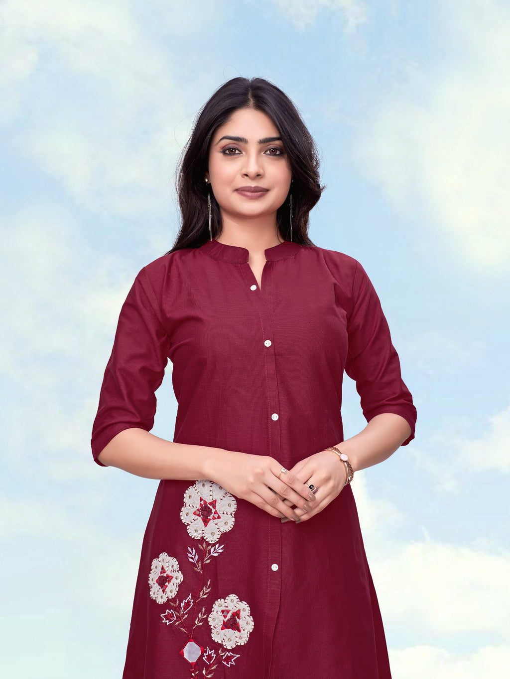 Monjolika Fashion Maroon Color Cotton Flex Embroidered Work Kurta Set | Grocsy