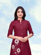 Monjolika Fashion Maroon Color Cotton Flex Embroidered Work Kurta Set | Grocsy