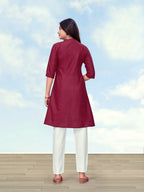 Monjolika Fashion Maroon Color Cotton Flex Embroidered Work Kurta Set | Grocsy