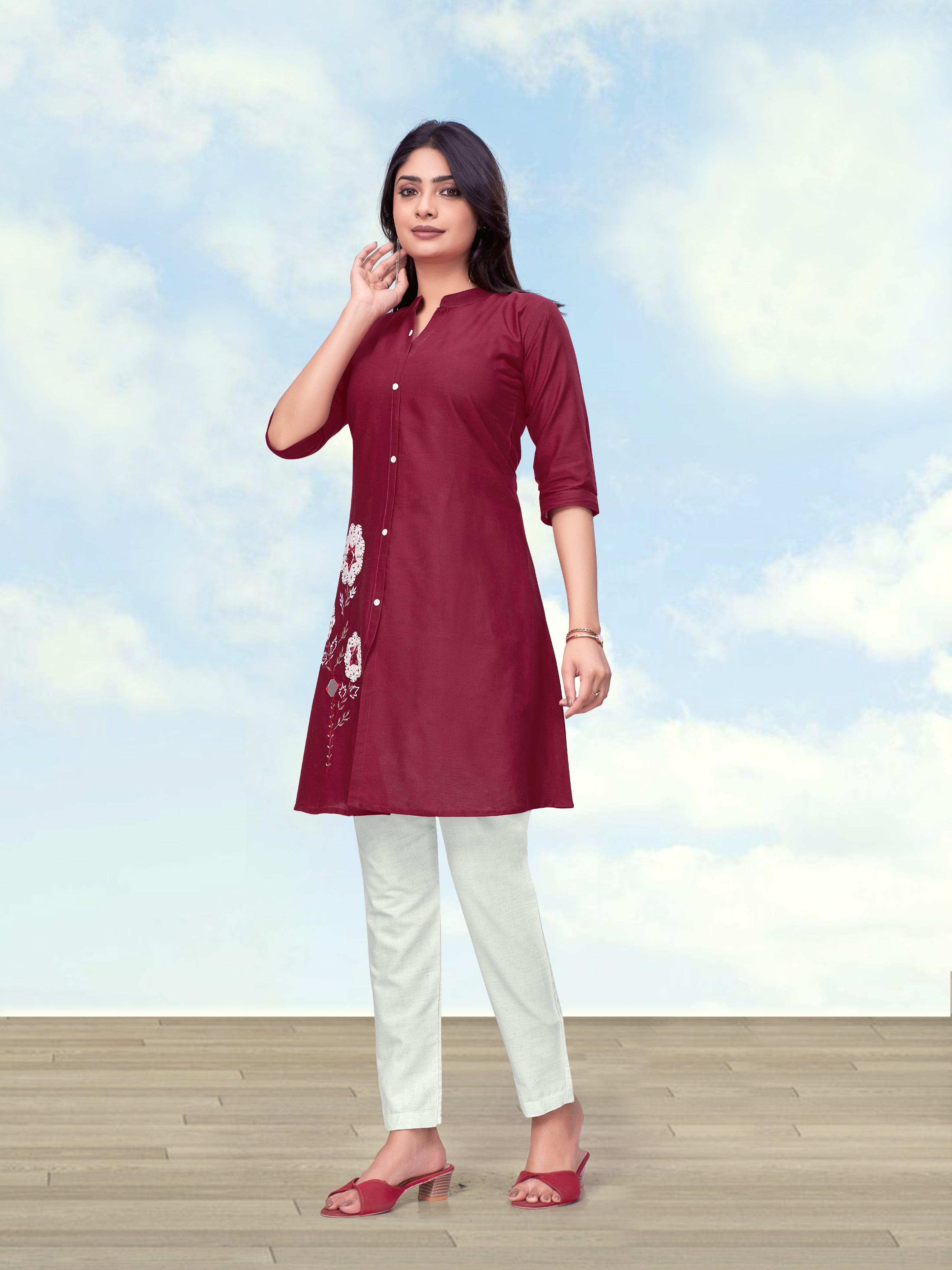 Monjolika Fashion Maroon Color Cotton Flex Embroidered Work Kurta Set | Grocsy