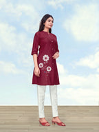Monjolika Fashion Maroon Color Cotton Flex Embroidered Work Kurta Set | Grocsy