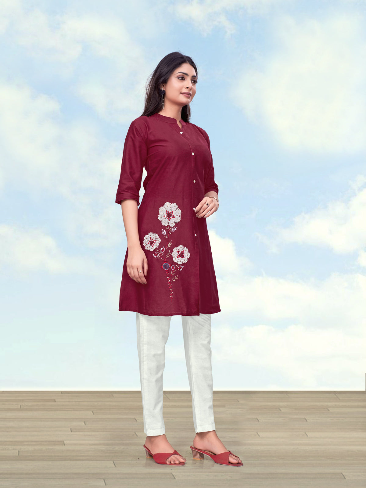 Monjolika Fashion Maroon Color Cotton Flex Embroidered Work Kurta Set | Grocsy