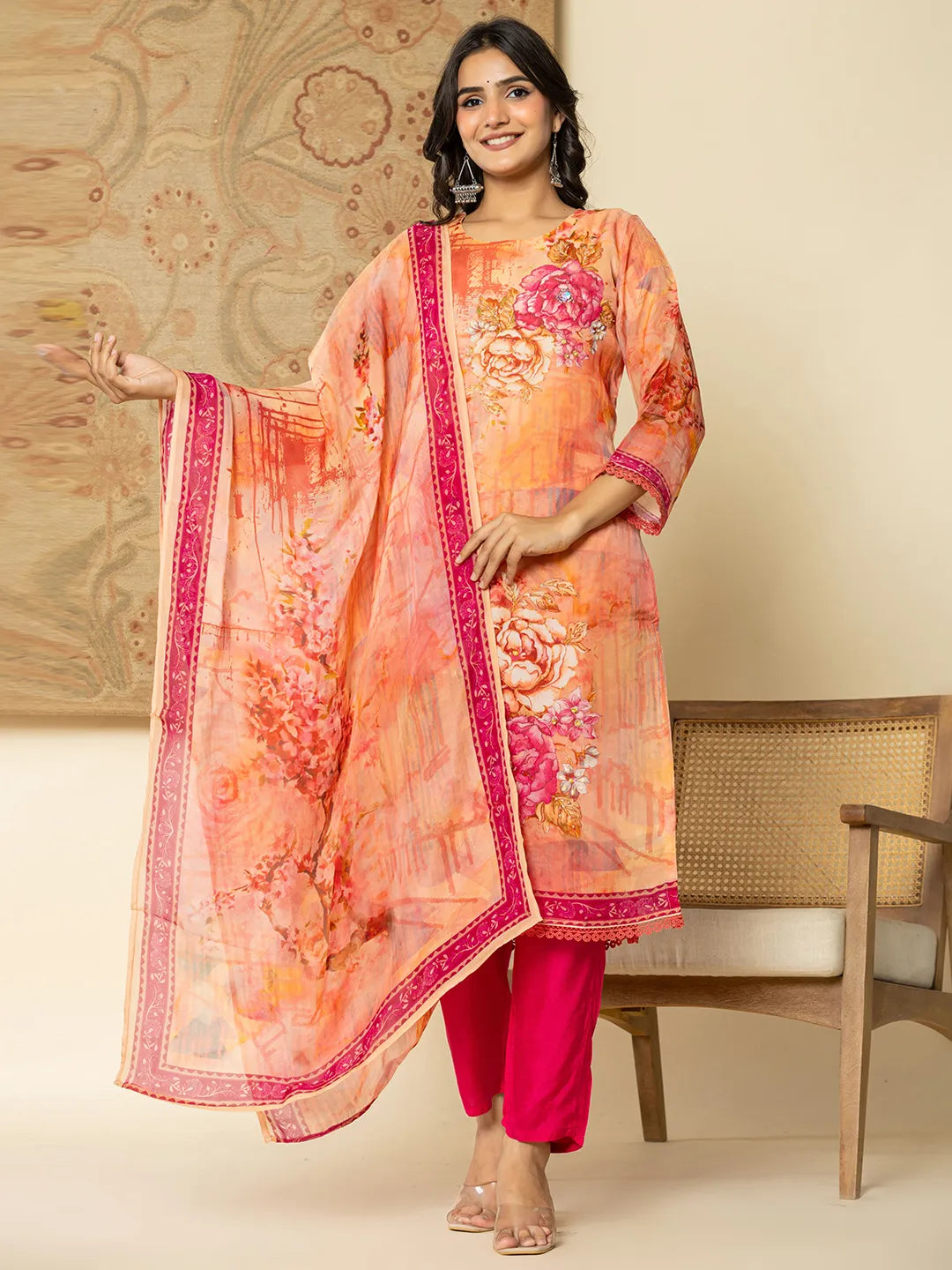 Yufta Pink Floral Embroidered Regular Sequinned Kurta with Trousers & With Dupatta | Grocsy