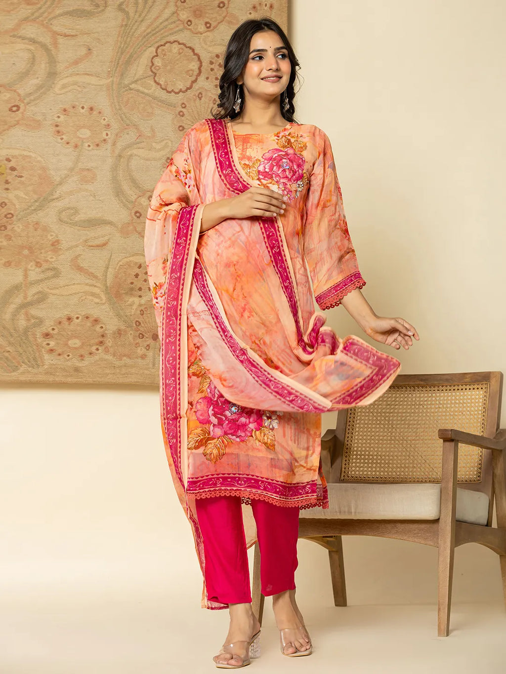 Yufta Pink Floral Embroidered Regular Sequinned Kurta with Trousers & With Dupatta | Grocsy