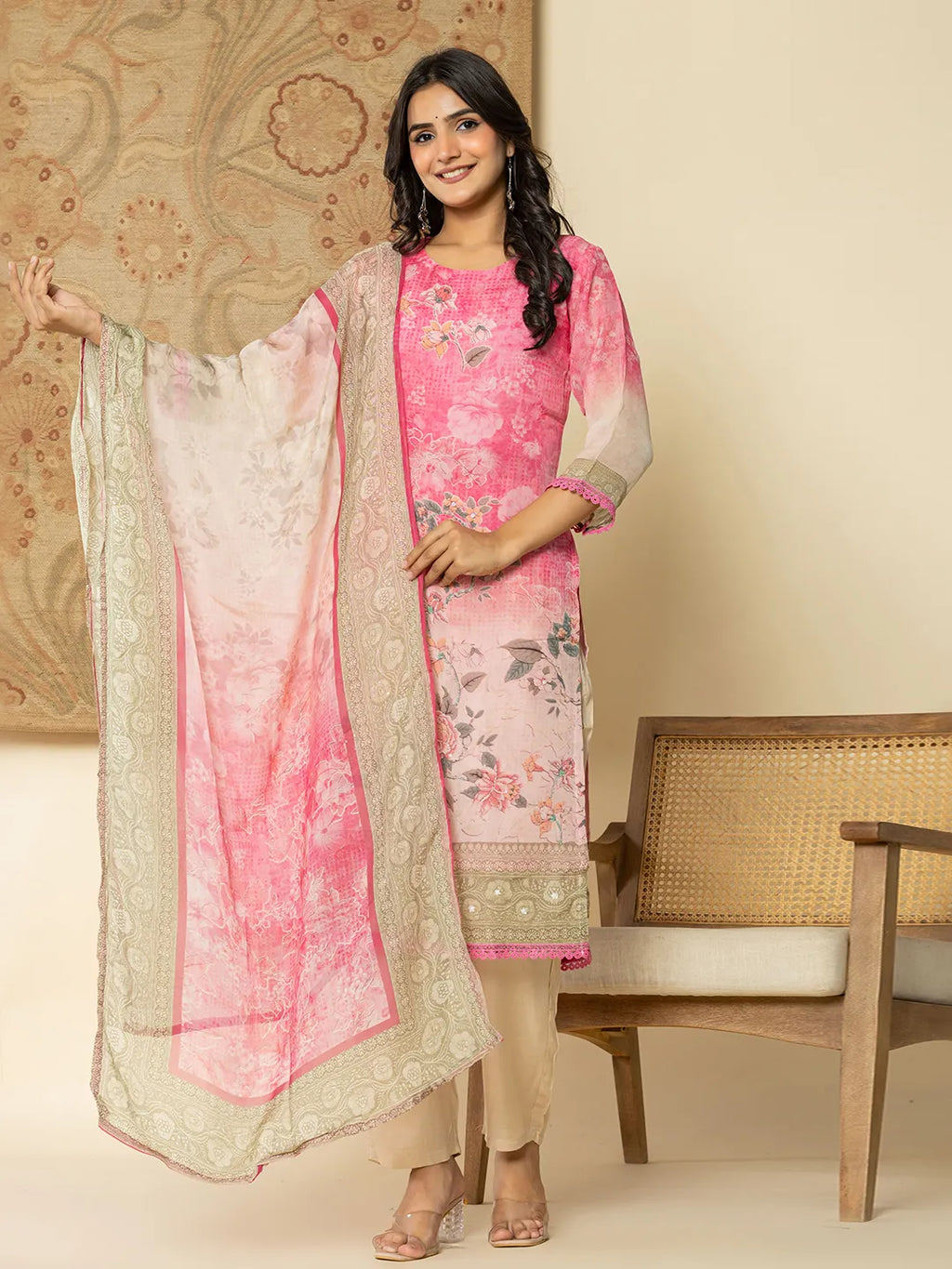 Yufta Oragnza Kurta Set With Pant And Dupatta Comes With Cotton Lining And Intricate Embroideries | Grocsy