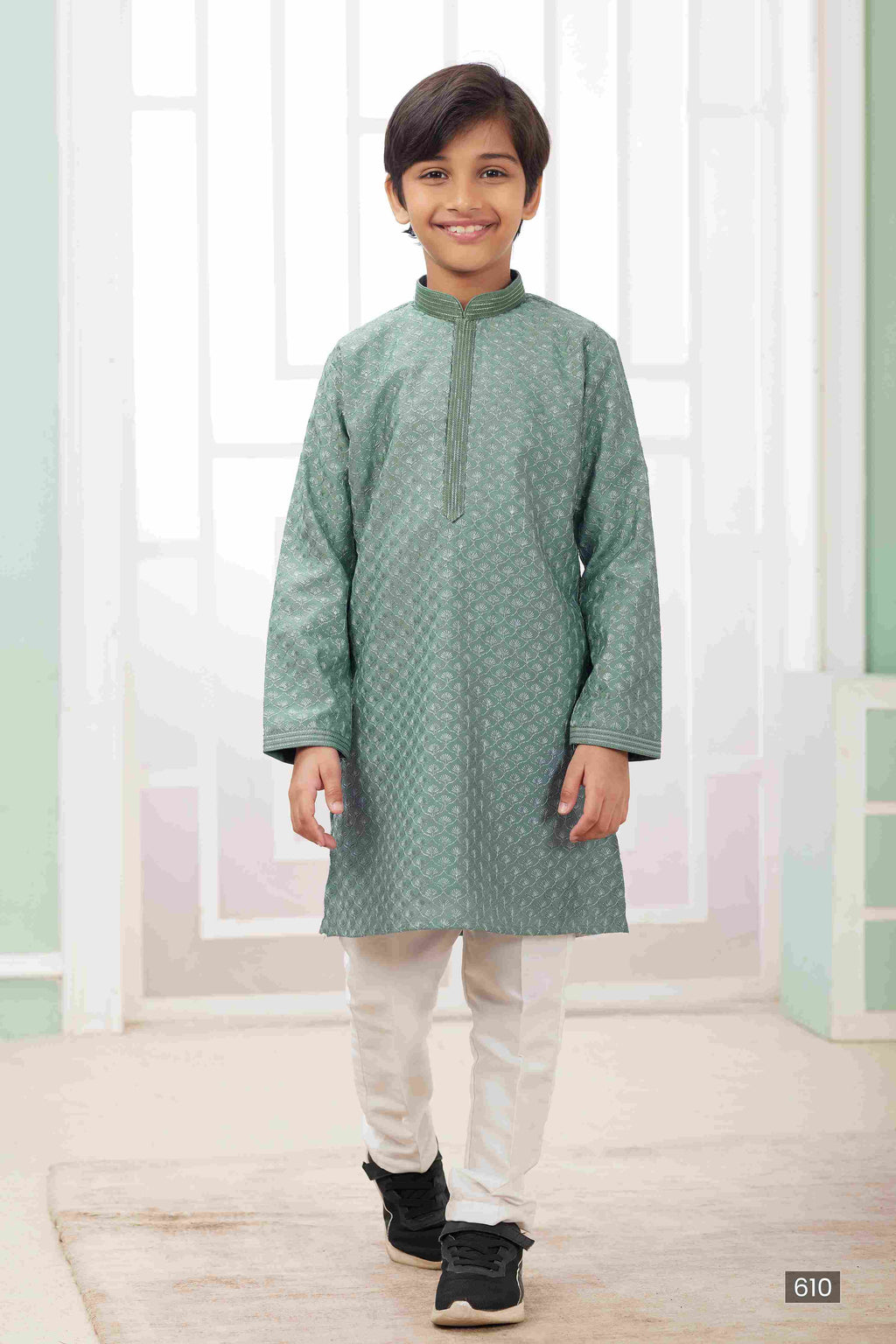 Raivat Ethnic Art Silk Embroidery Work Kids Kurta Pajama In Green Colour | Grocsy