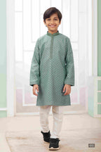 Raivat Ethnic Art Silk Embroidery Work Kids Kurta Pajama In Green Colour | Grocsy