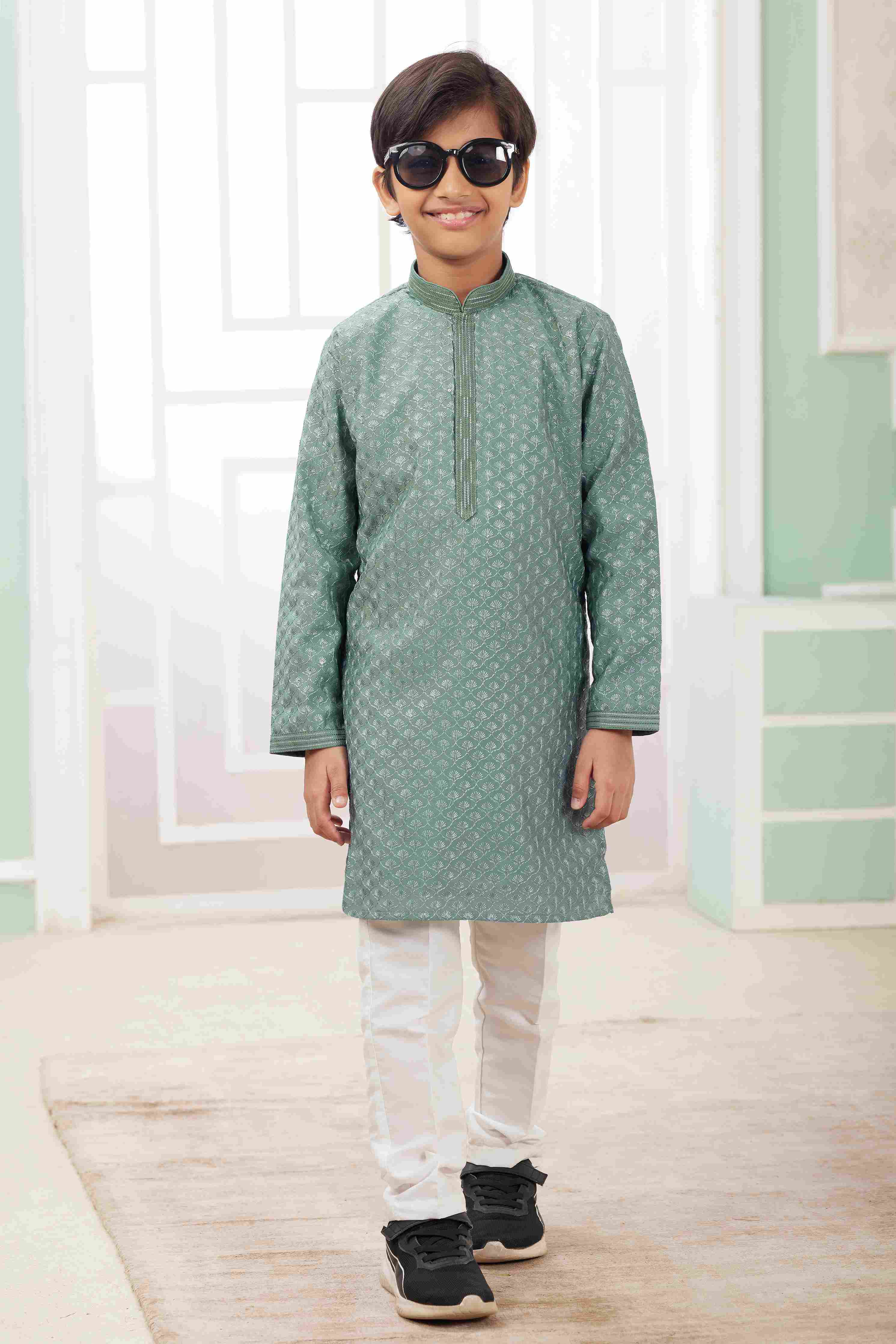 Raivat Ethnic Art Silk Embroidery Work Kids Kurta Pajama In Green Colour | Grocsy