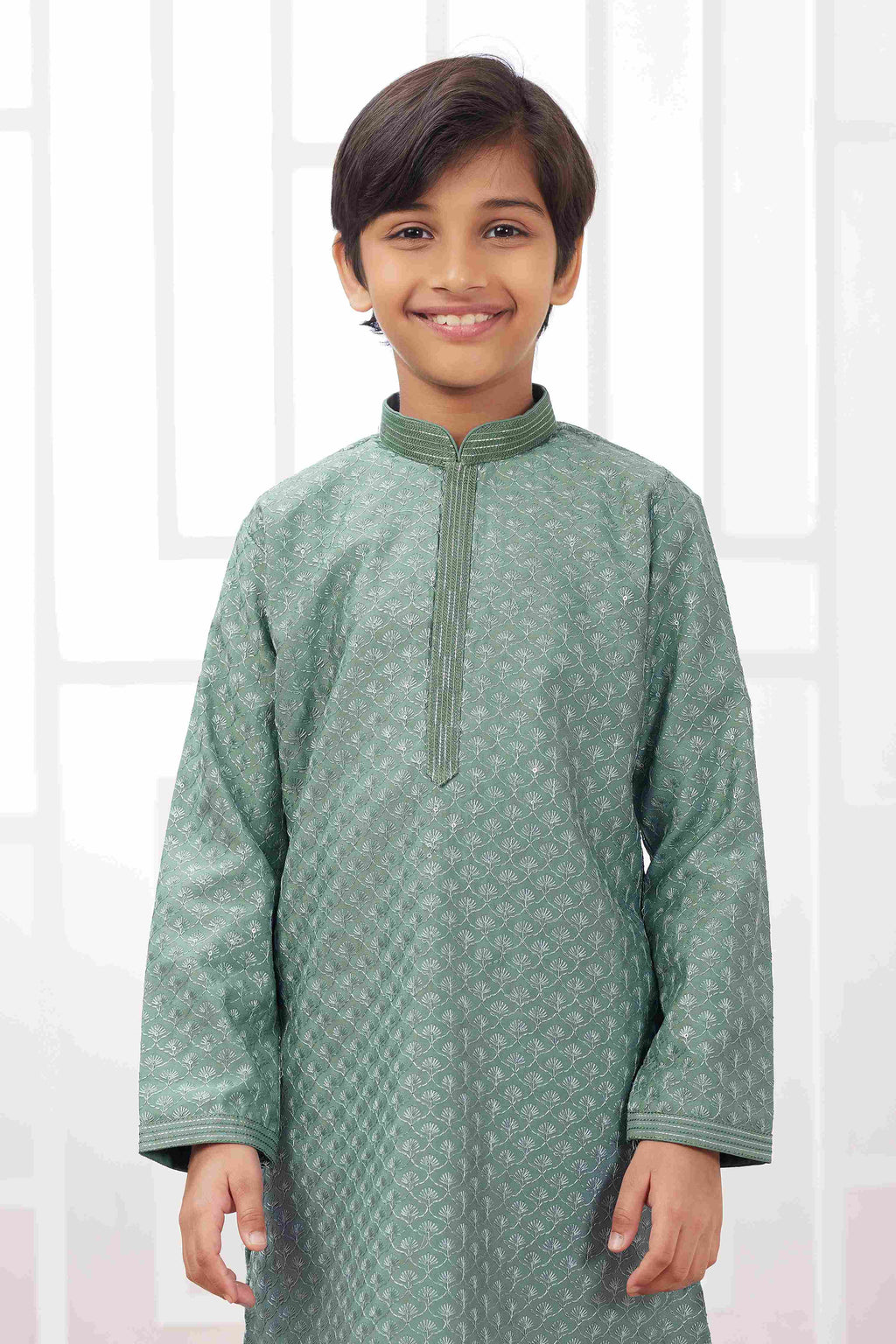 Raivat Ethnic Art Silk Embroidery Work Kids Kurta Pajama In Green Colour | Grocsy