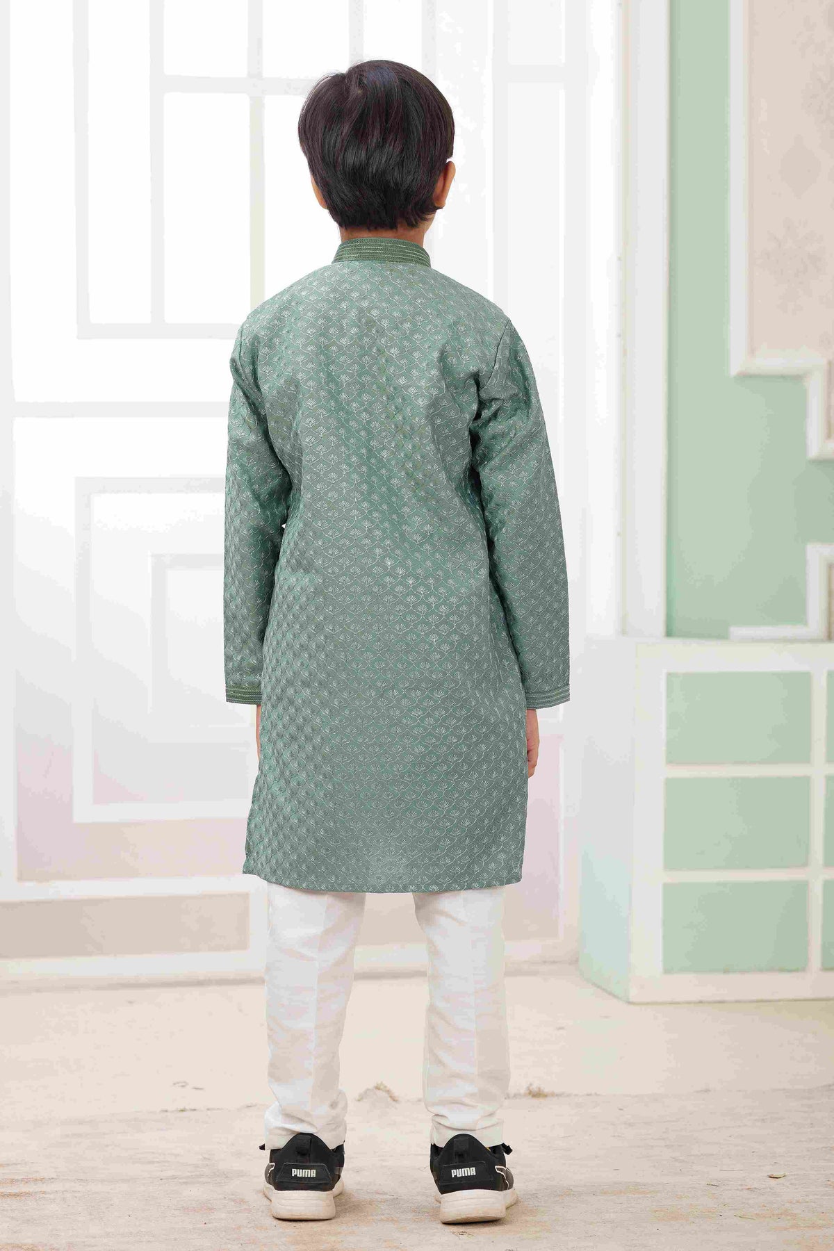 Raivat Ethnic Art Silk Embroidery Work Kids Kurta Pajama In Green Colour | Grocsy