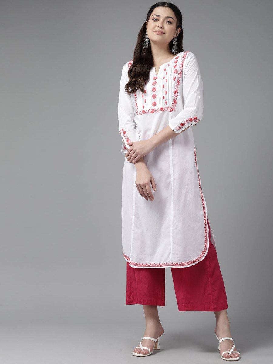 ADA Ethnic Motifs Chikankari Embroidered Floral Kurta | Grocsy