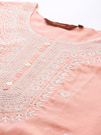 Sangria Women Pink Embroidered Thread Work Pure Cotton Kurta with Trousers & With Dupatta | Grocsy