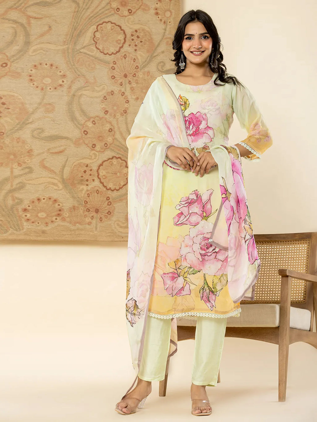 Yufta Pure Oragnza Kurta Set With Pant And Dupatta | Grocsy