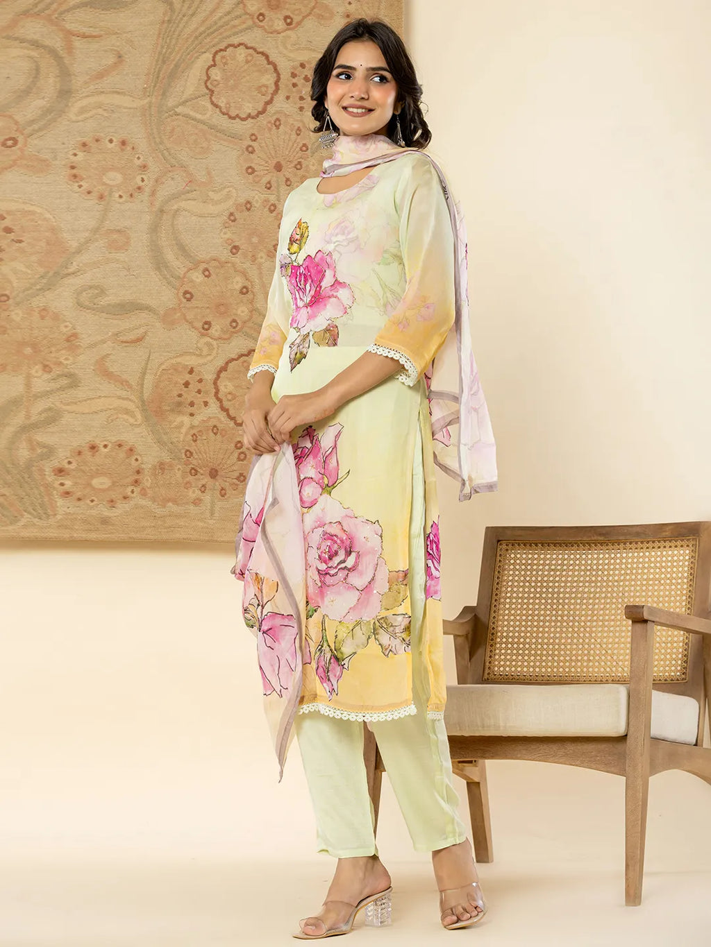 Yufta Pure Oragnza Kurta Set With Pant And Dupatta | Grocsy