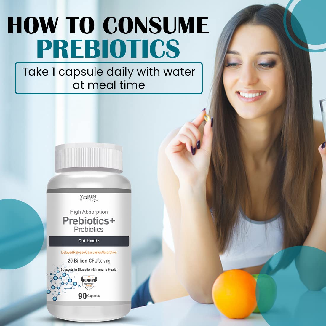 Vokin Biotech Prebiotics + Probiotics 20 Billion Cfu Supplement with Delayed-Release Capsules for Temperature Stable, Digestion and Immune Health | Grocsy