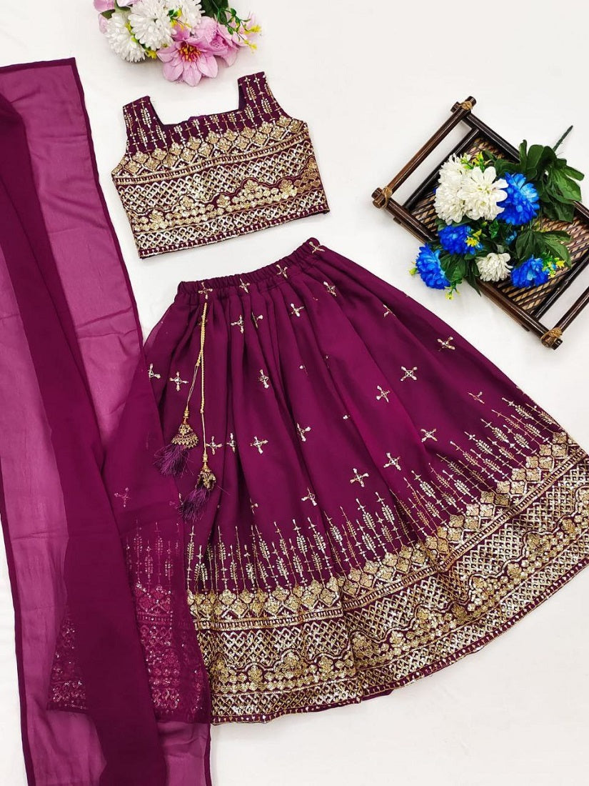 Evanik Purple Designer Georgette Embroidered Work Wedding Lehenga Choli For Kids | Grocsy