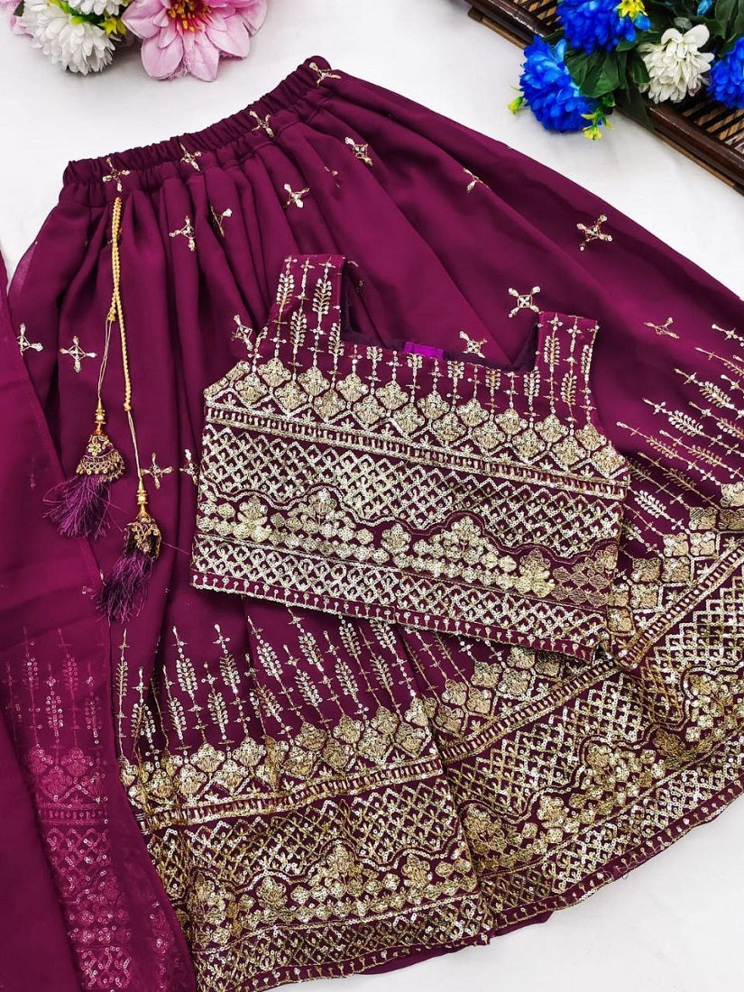 Evanik Purple Designer Georgette Embroidered Work Wedding Lehenga Choli For Kids | Grocsy