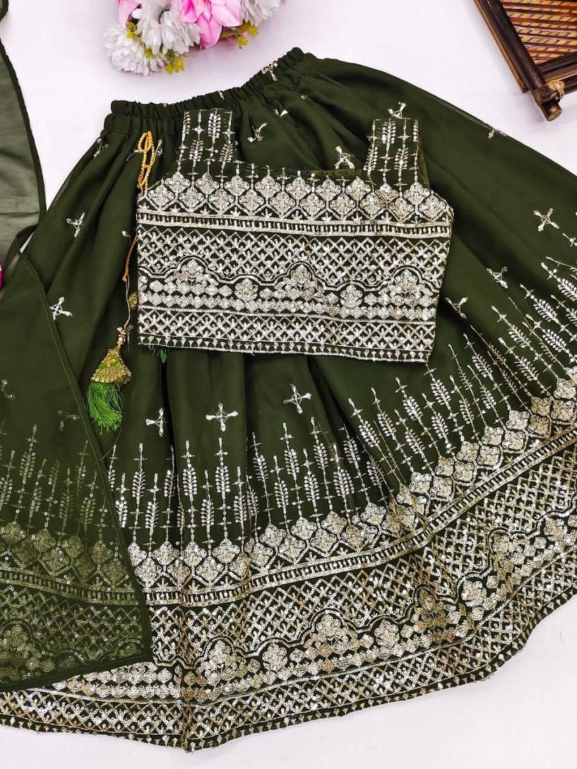 Evanik Green Designer Georgette Embroidered Work Wedding Lehenga Choli For Kids | Grocsy