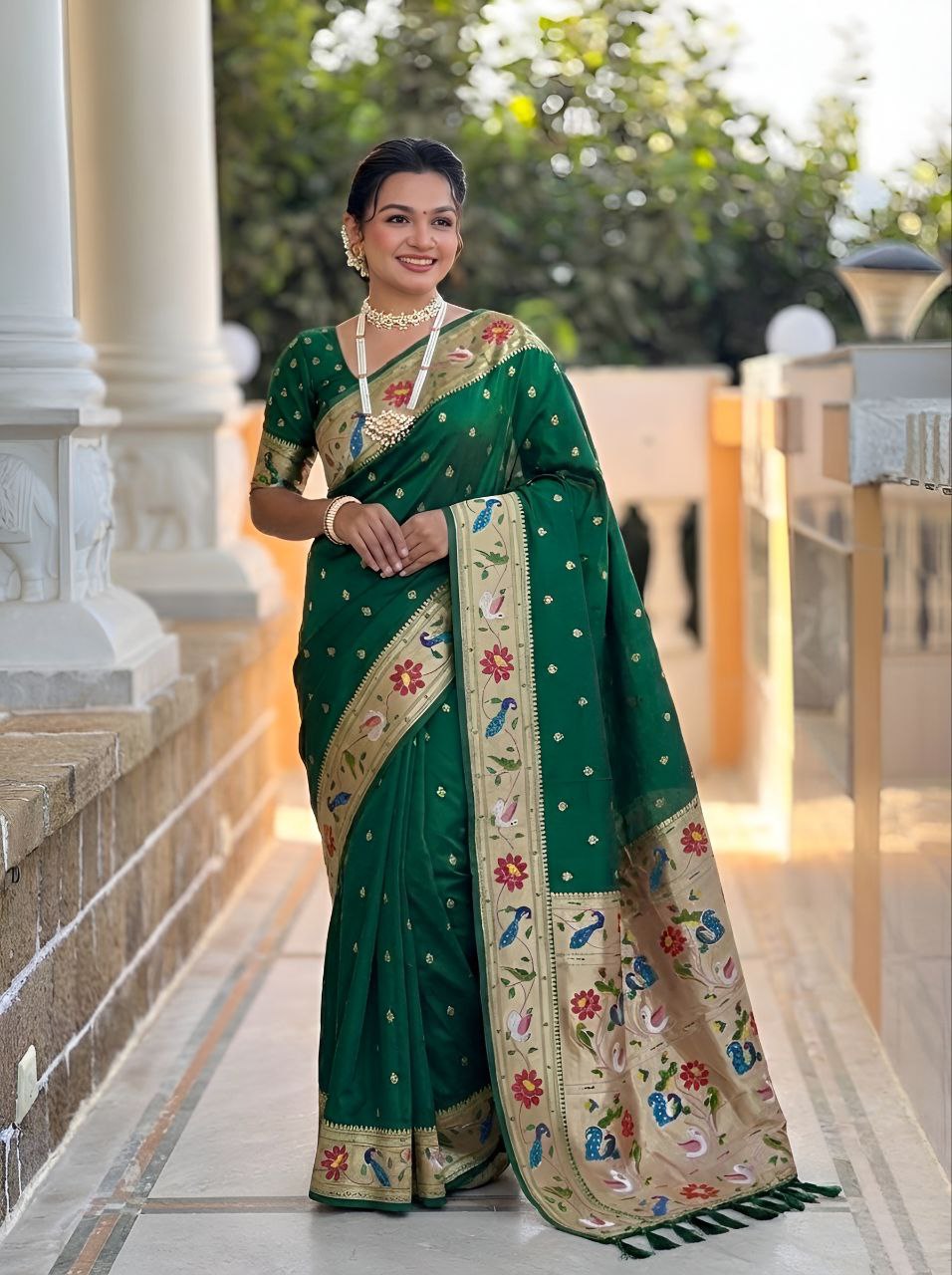 Mameraa Sarees Green Faux Banarasi Silk Saree With Paithani Rich Weaved Pallu And Blouse-Green | Grocsy