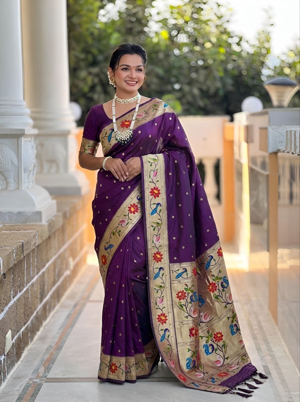 Mameraa Sarees Wine Faux Banarasi Silk Saree With Paithani Rich Weaved Pallu And Blouse-Wine | Grocsy