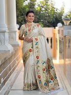 Mameraa Sarees Off White Faux Banarasi Silk Saree With Paithani Rich Weaved Pallu And Blouse-White | Grocsy