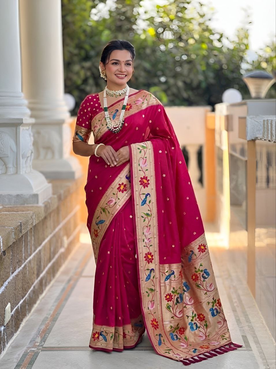 Mameraa Sarees Pink Faux Banarasi Silk Saree With Paithani Rich Weaved Pallu And Blouse-Pink | Grocsy