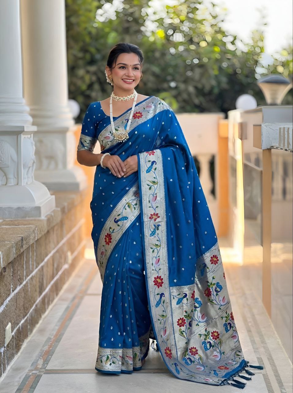 Mameraa Sarees Teal Blue Faux Banarasi Silk Saree With Paithani Rich Weaved Pallu And Blouse-Teal | Grocsy