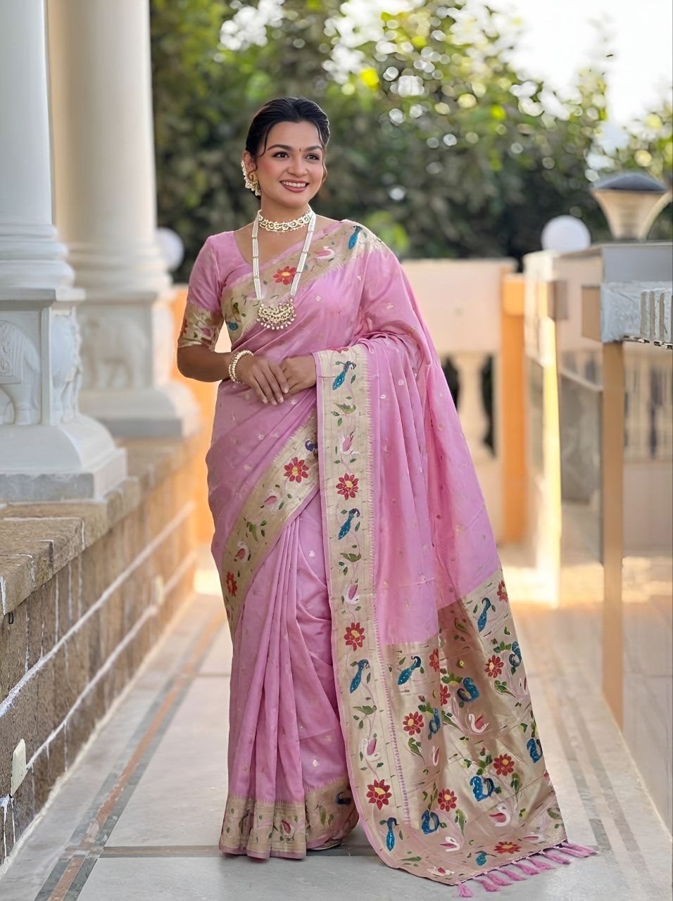 Mameraa Sarees Baby Pink Faux Banarasi Silk Saree With Paithani Rich Weaved Pallu And Blouse-Baby_Pink | Grocsy