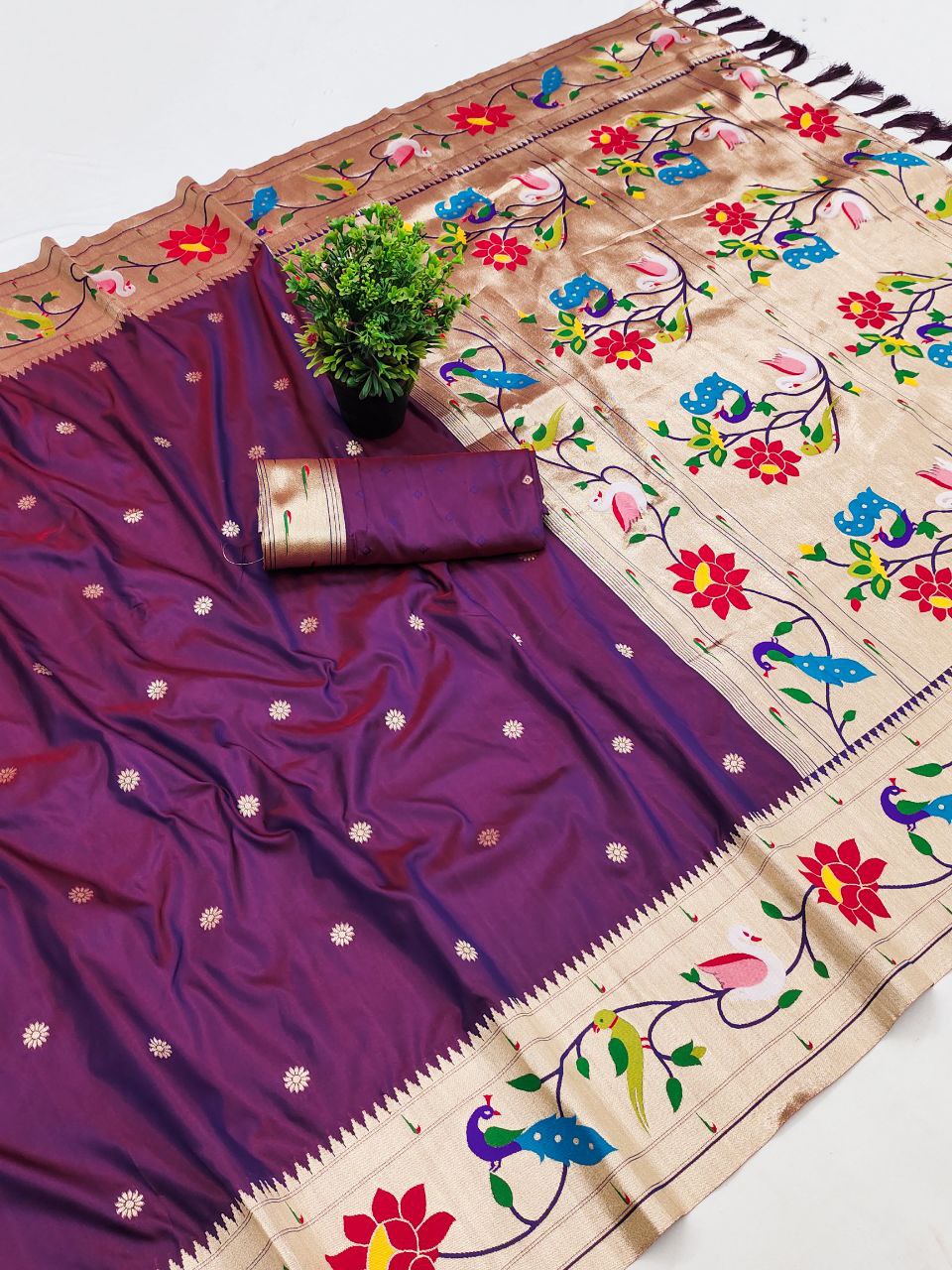 Mameraa Sarees Wine Faux Banarasi Silk Saree With Paithani Rich Weaved Pallu And Blouse-Wine | Grocsy