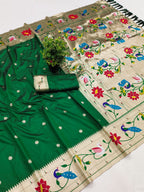 Mameraa Sarees Green Faux Banarasi Silk Saree With Paithani Rich Weaved Pallu And Blouse-Green | Grocsy