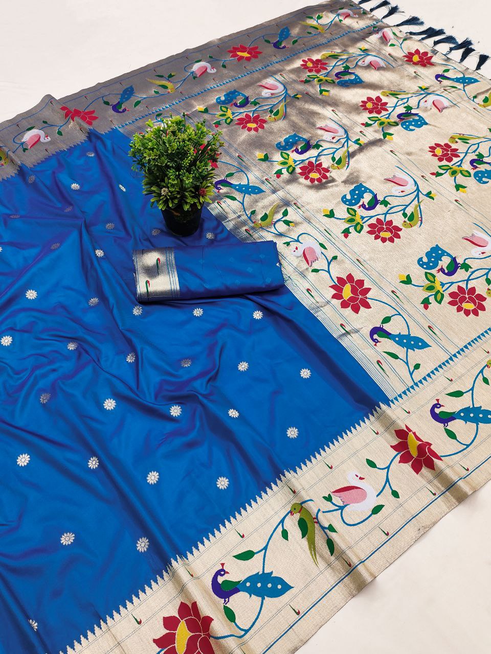 Mameraa Sarees Teal Blue Faux Banarasi Silk Saree With Paithani Rich Weaved Pallu And Blouse-Teal | Grocsy