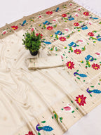 Mameraa Sarees Off White Faux Banarasi Silk Saree With Paithani Rich Weaved Pallu And Blouse-White | Grocsy