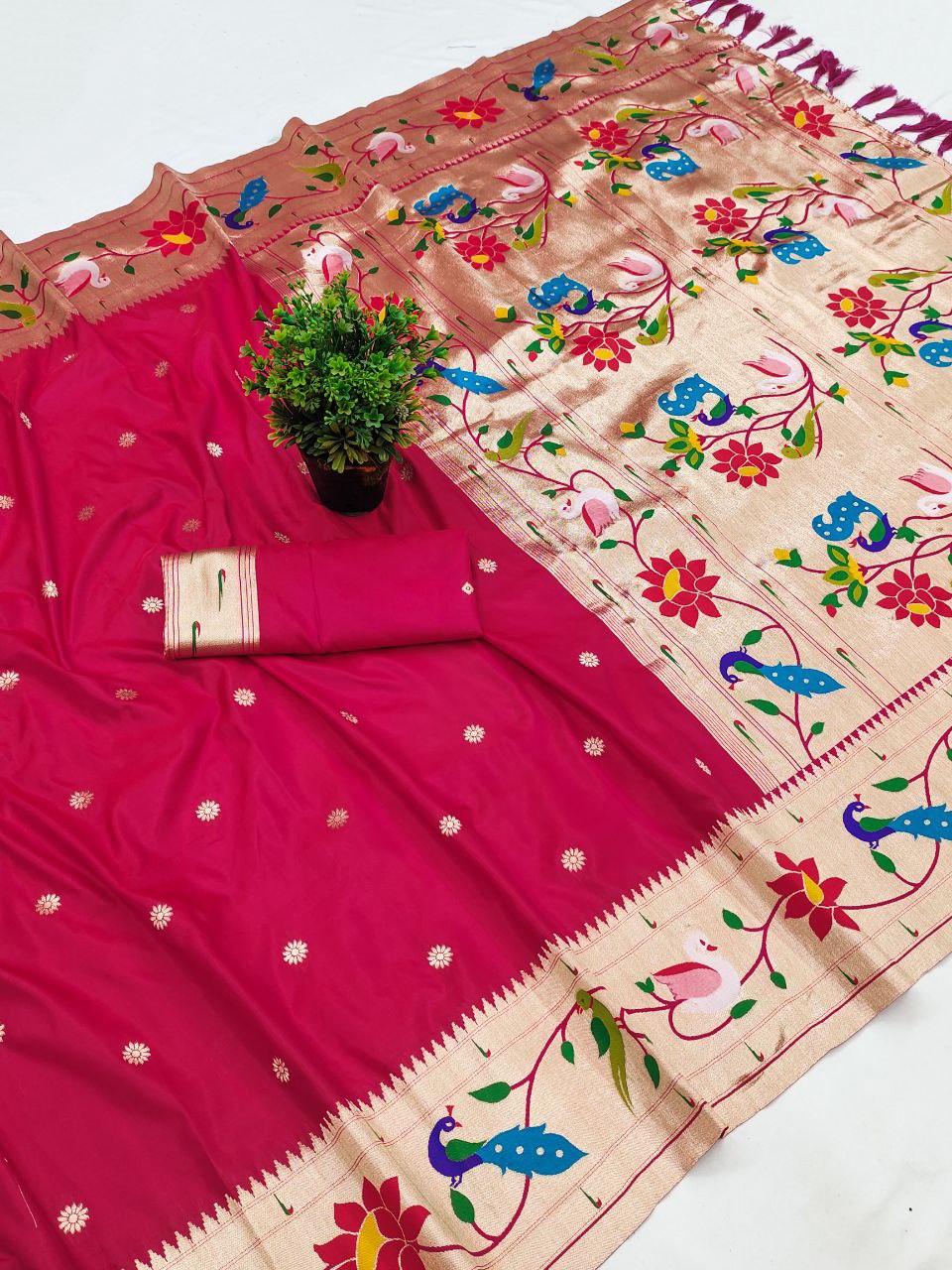 Mameraa Sarees Pink Faux Banarasi Silk Saree With Paithani Rich Weaved Pallu And Blouse-Pink | Grocsy